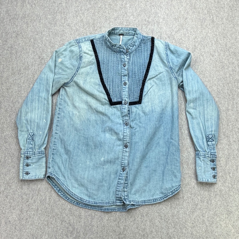 Free People Shirt Womens XS Chambray Pintuck Bib Blue Velvet Trim Boho Western